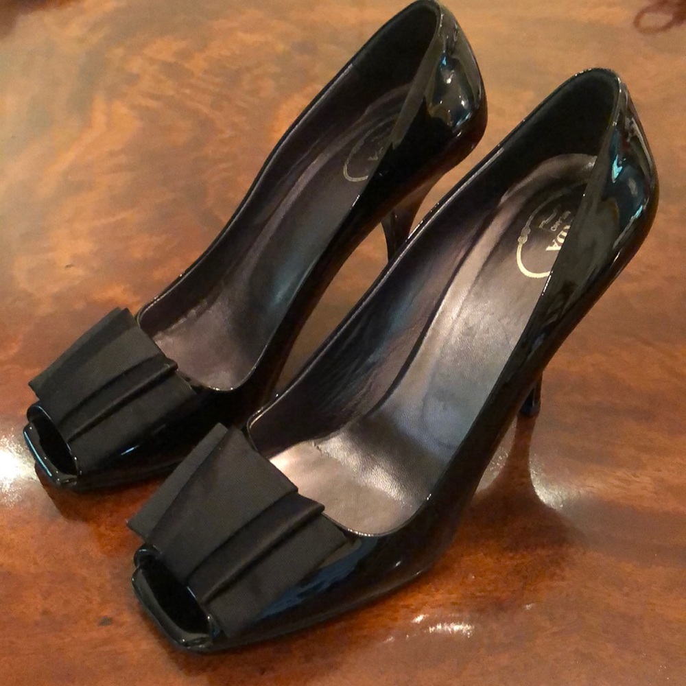 PRADA PATENT PEEP TOE HEELS
